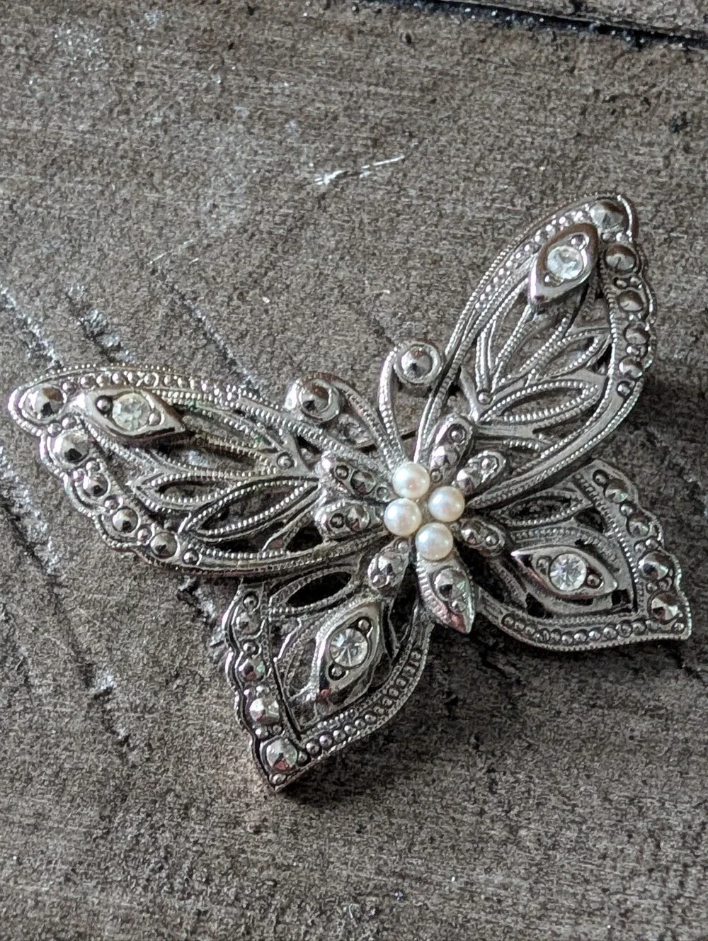 Vintage Avon Butterfly Brooch with Faux Pearl And Clear Rhinestone Accents